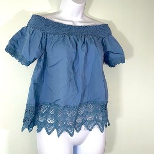 🔥Blue off shoulder top short sleeve lace large
